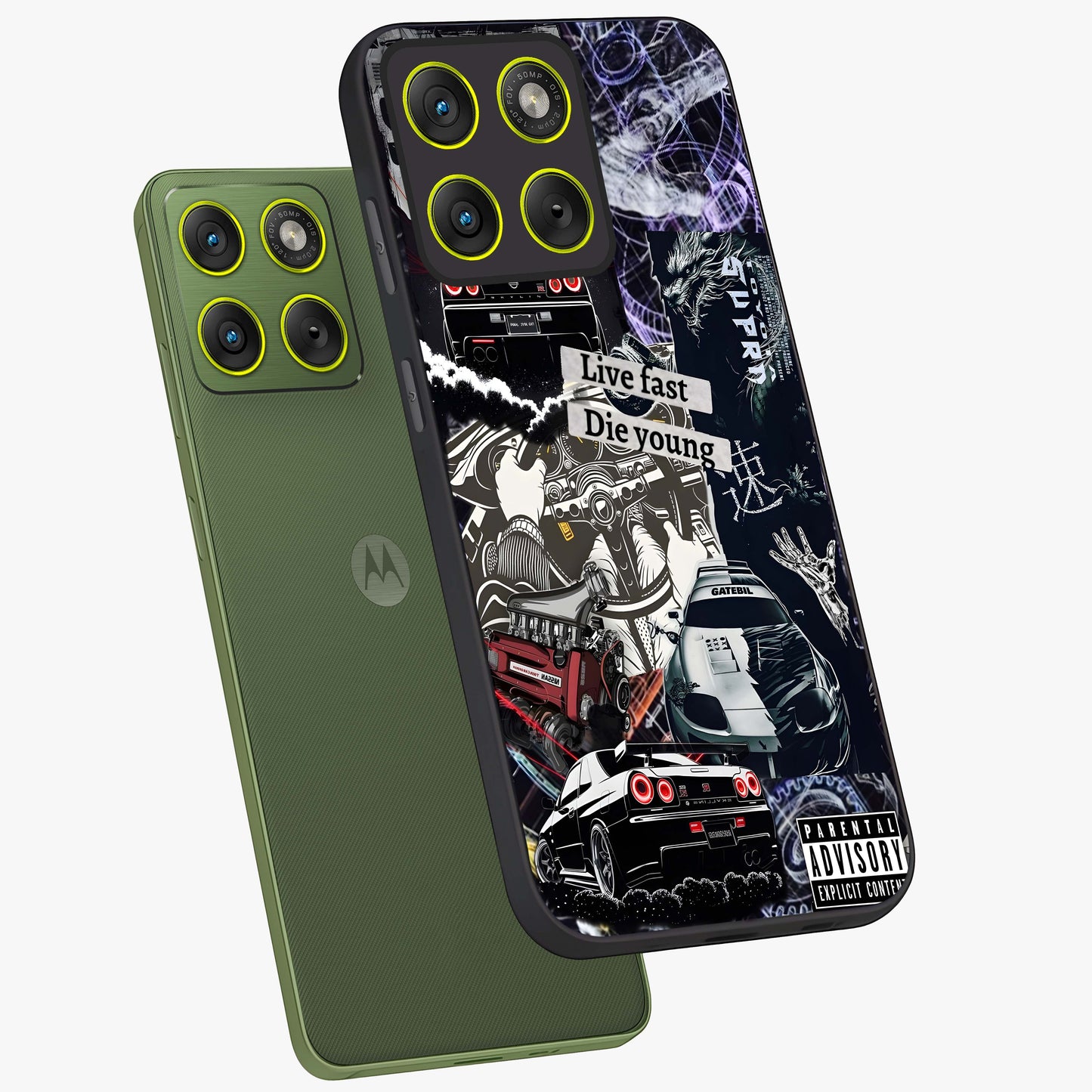 Die Young Glass Case displayed in angled mockup highlighting expressive graphic artwork with edgy aesthetic style.