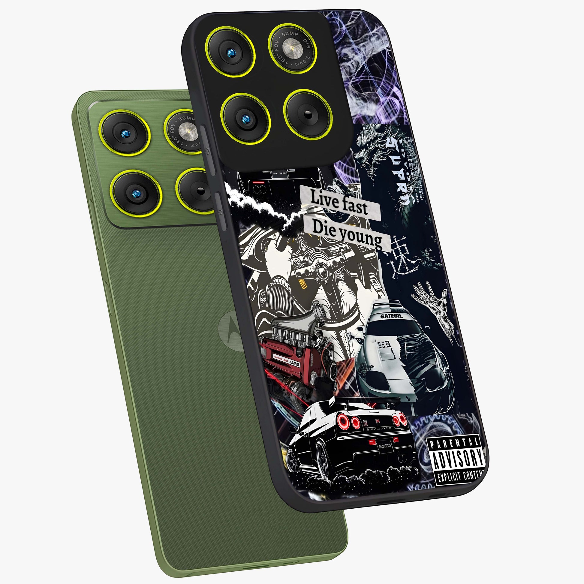 Die Young Glass Case displayed in angled mockup highlighting expressive graphic artwork with edgy aesthetic style.