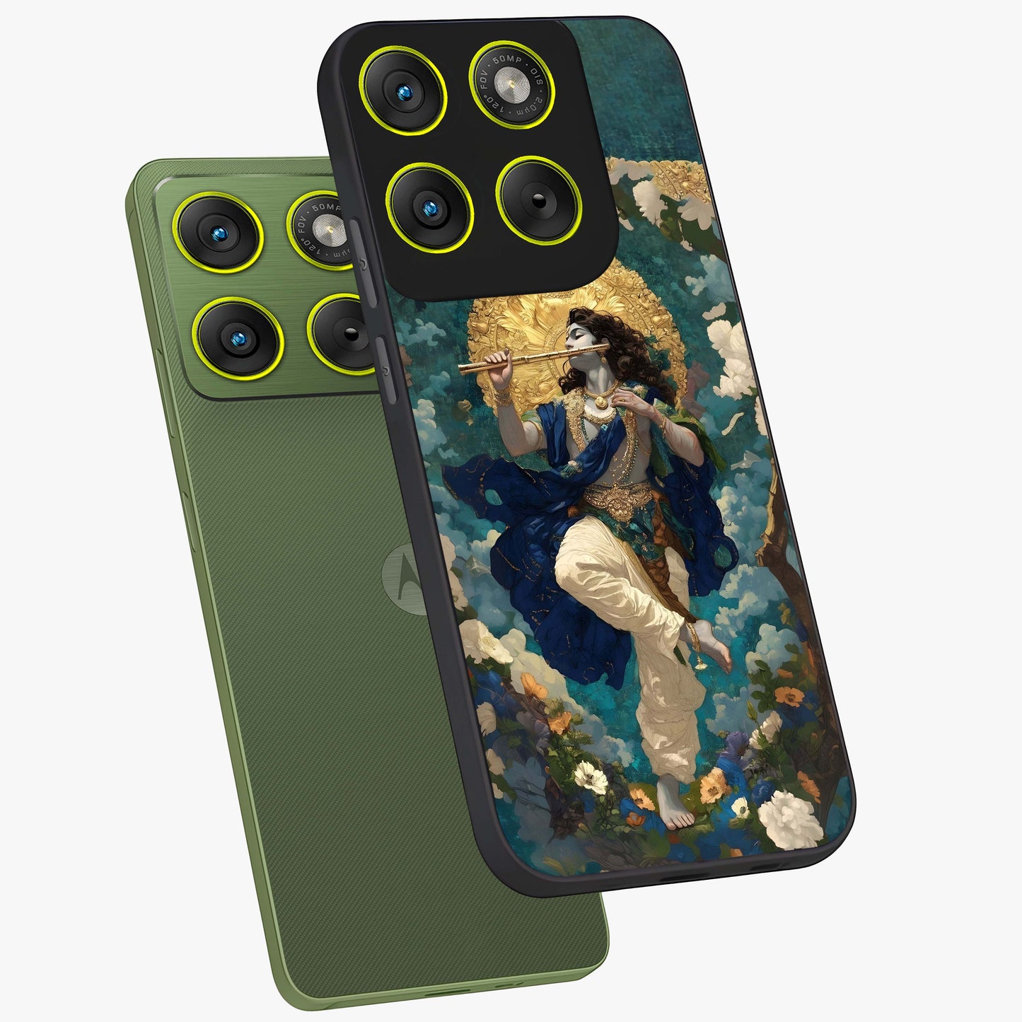 Divine Krishna Art Glass Case displayed in angled mockup highlighting spiritual Krishna illustration with devotional aesthetic.