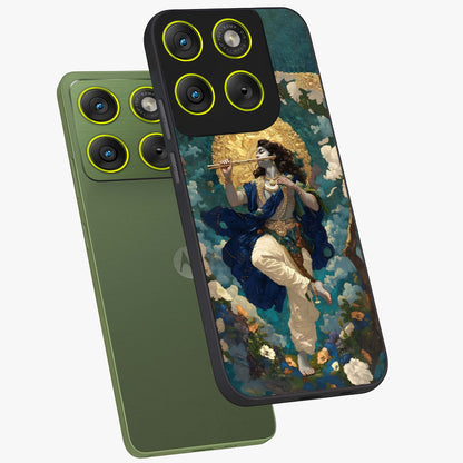 Divine Krishna Art Glass Case displayed in angled mockup highlighting spiritual Krishna illustration with devotional aesthetic.