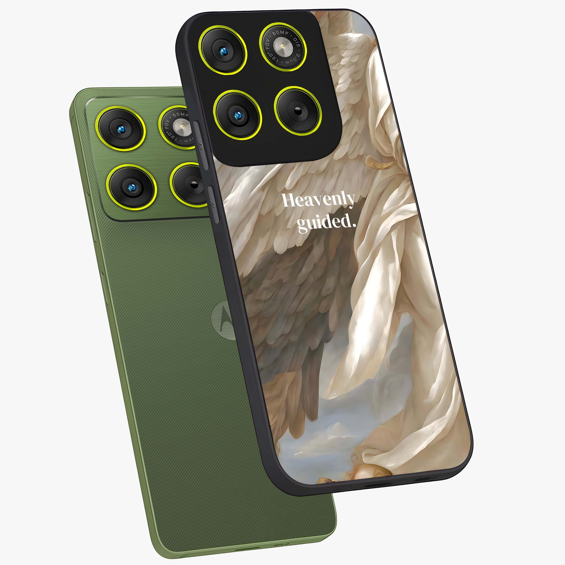 Divine Winged Grace Glass Case displayed in angled mockup highlighting graceful wing design with divine aesthetic style.