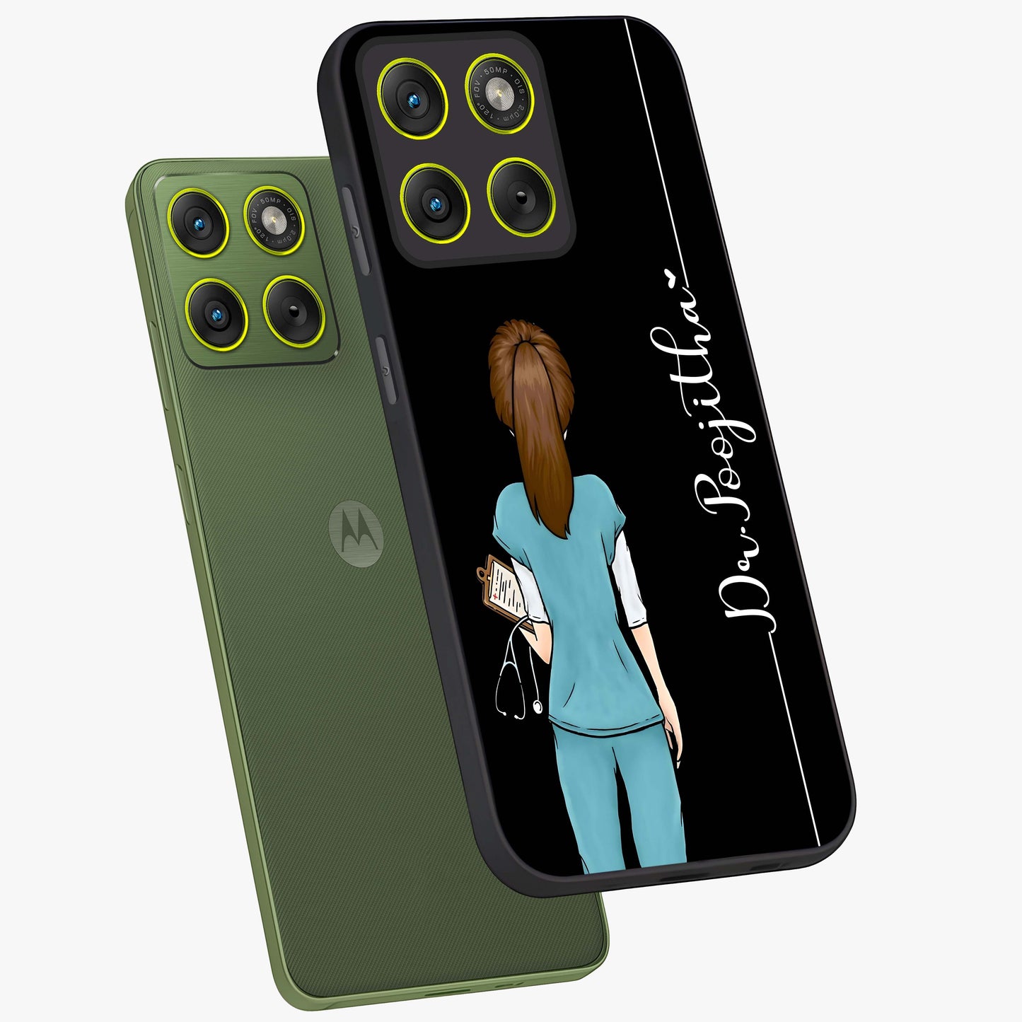 Doctor Pattern Custom Name Glass Case displayed in angled mockup highlighting doctor inspired artwork with custom name feature.