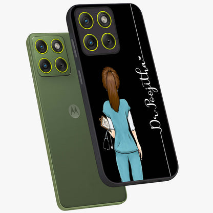 Doctor Pattern Custom Name Glass Case displayed in angled mockup highlighting doctor inspired artwork with custom name feature.