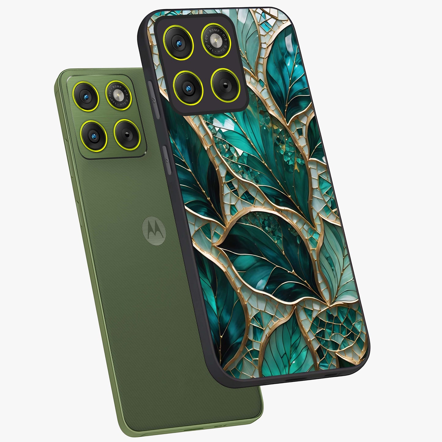 Emerald Leaf Glass Glass Case displayed in angled mockup highlighting botanical leaf illustration with elegant natural aesthetic.