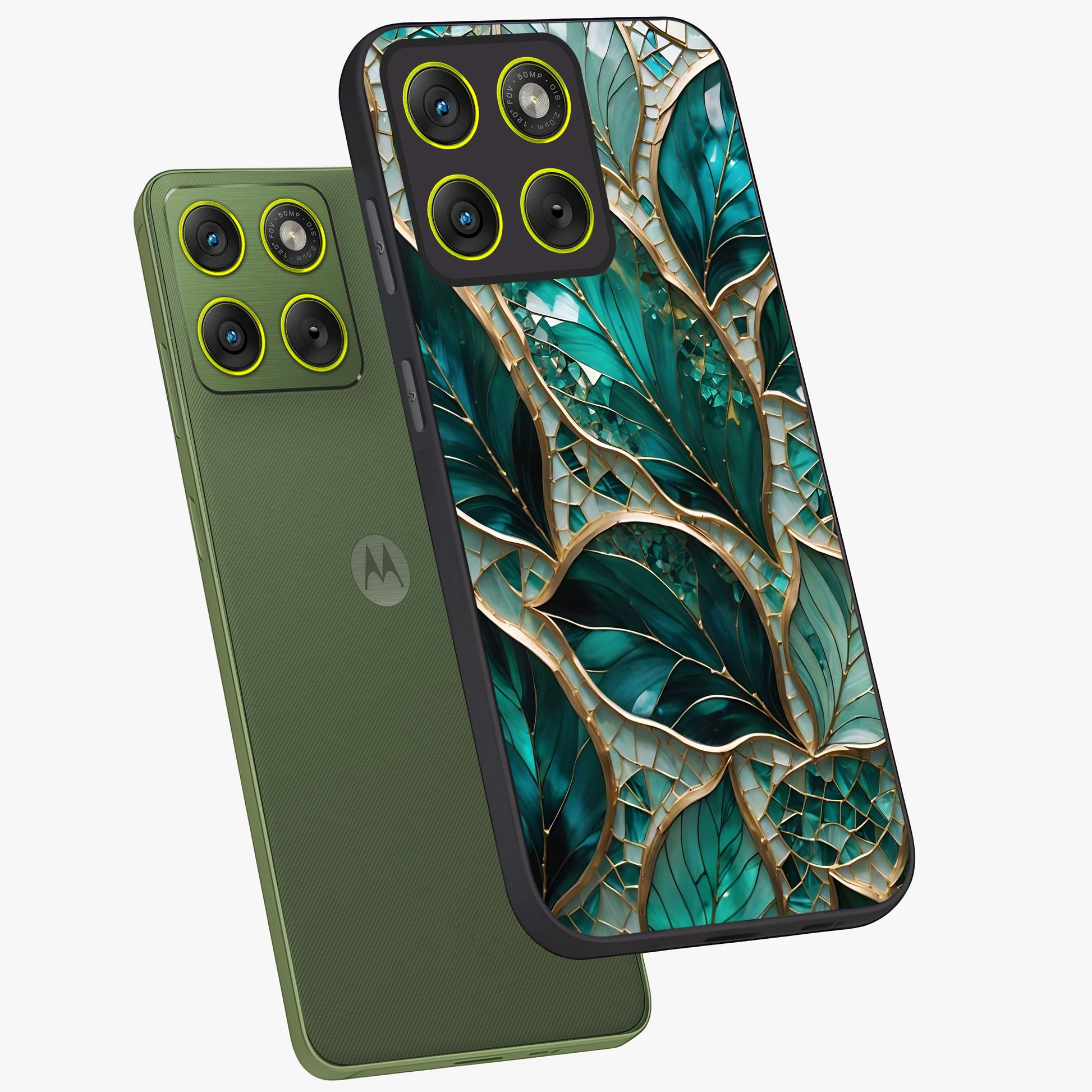 Emerald Leaf Glass Glass Case displayed in angled mockup highlighting botanical leaf illustration with elegant natural aesthetic.