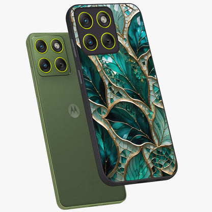 Emerald Leaf Glass Glass Case displayed in angled mockup highlighting botanical leaf illustration with elegant natural aesthetic.