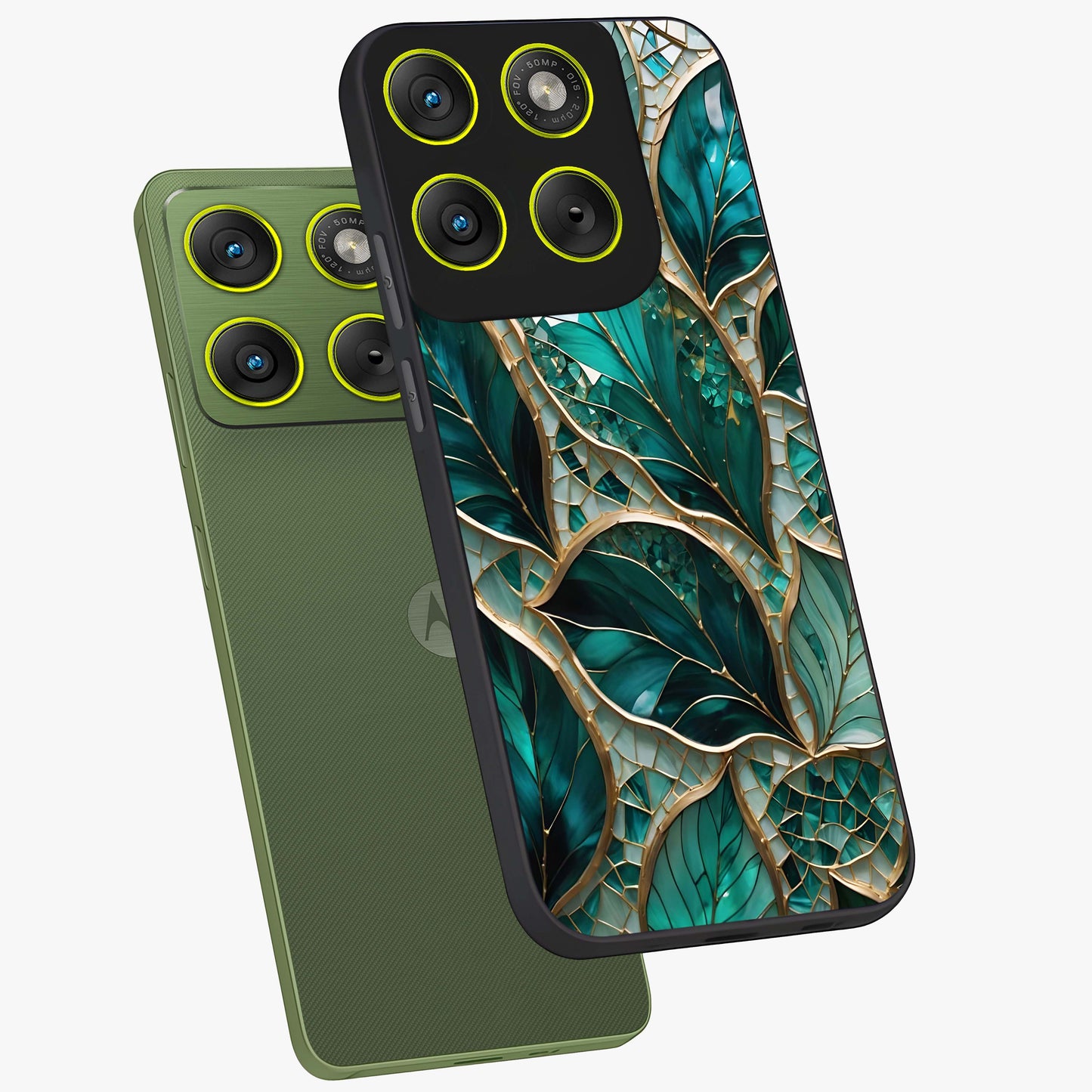 Emerald Leaf Glass Glass Case displayed in angled mockup highlighting botanical leaf illustration with elegant natural aesthetic.