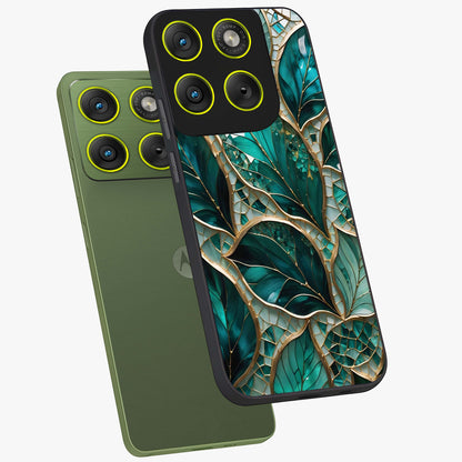 Emerald Leaf Glass Glass Case displayed in angled mockup highlighting botanical leaf illustration with elegant natural aesthetic.