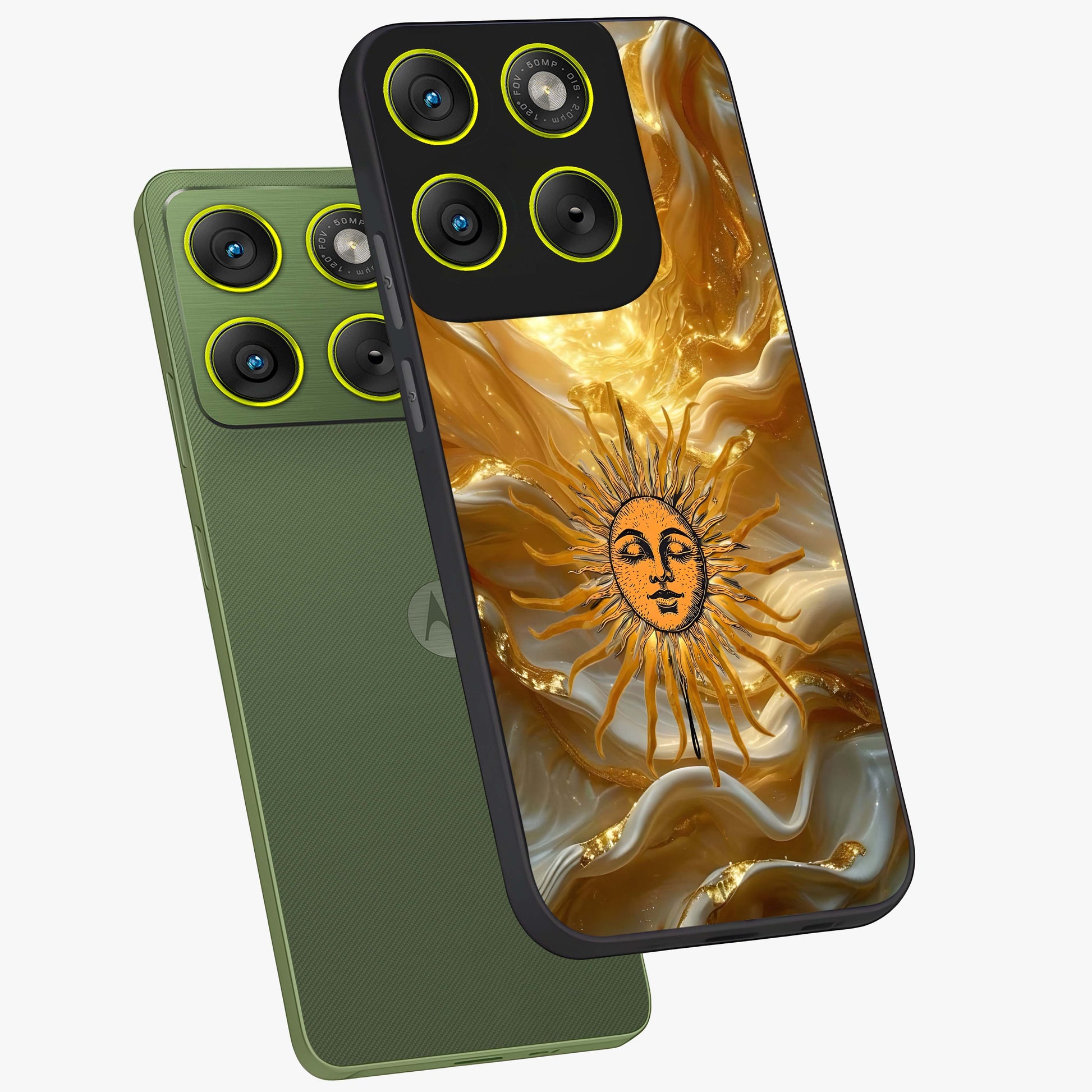 Eternal Golden Glow Glass Case displayed in angled mockup highlighting glowing golden aesthetic design with elegant style.