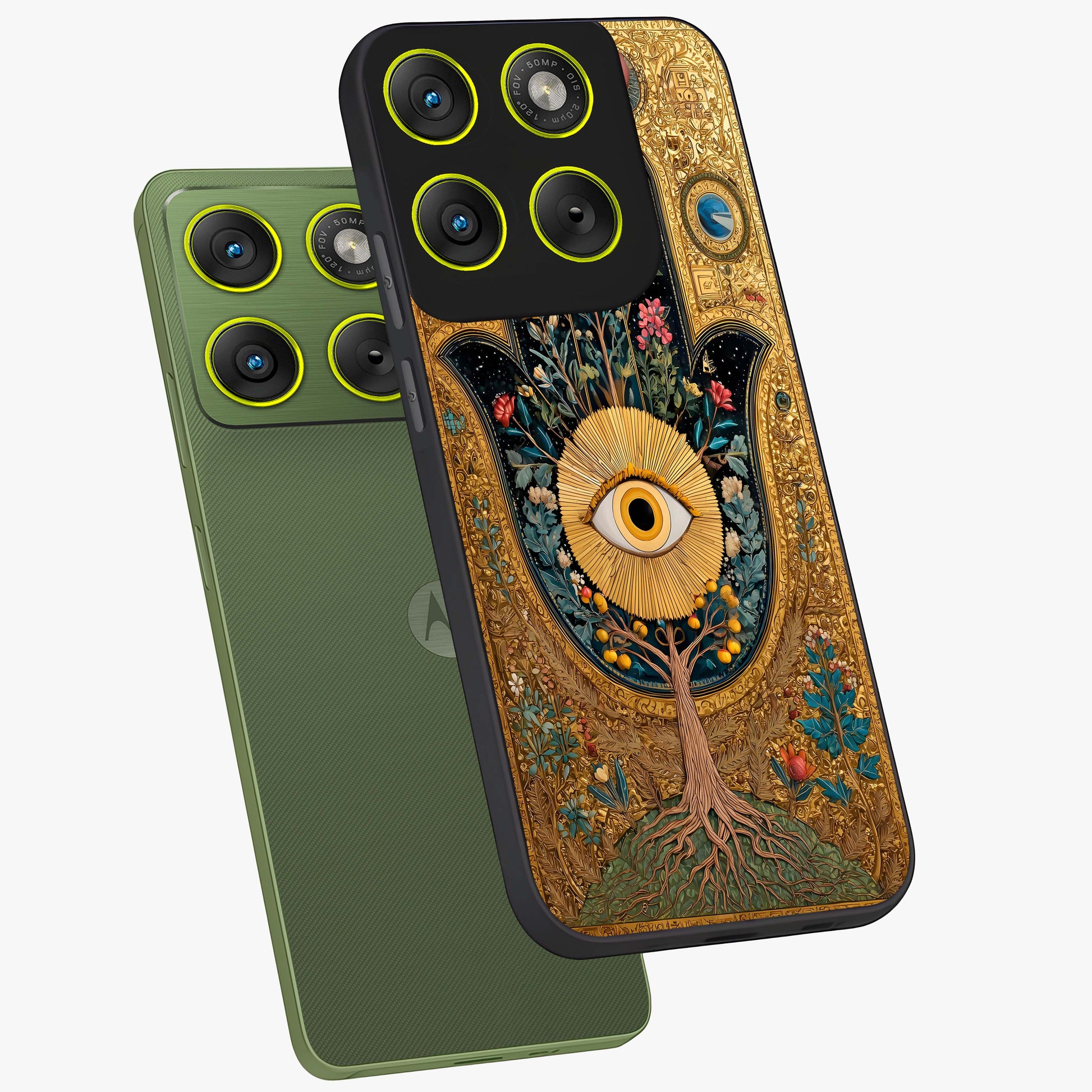 Ethereal Evil Eye Glass Case displayed in angled mockup highlighting protective evil eye symbol with spiritual aesthetic design.