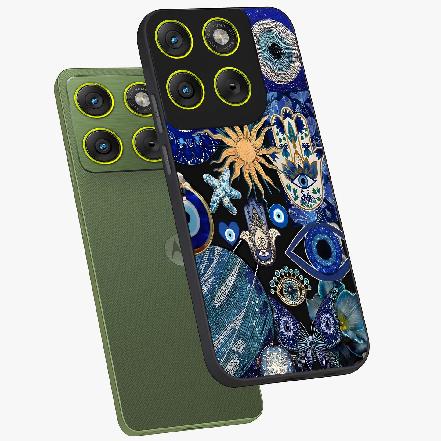 Evil Eye Charm Mix Glass Case displayed in angled mockup highlighting protective evil eye symbols with spiritual aesthetic design.