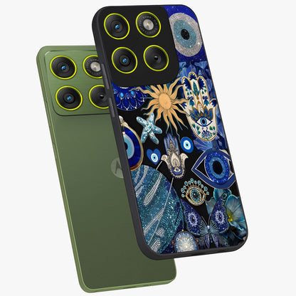 Evil Eye Charm Mix Glass Case displayed in angled mockup highlighting protective evil eye symbols with spiritual aesthetic design.