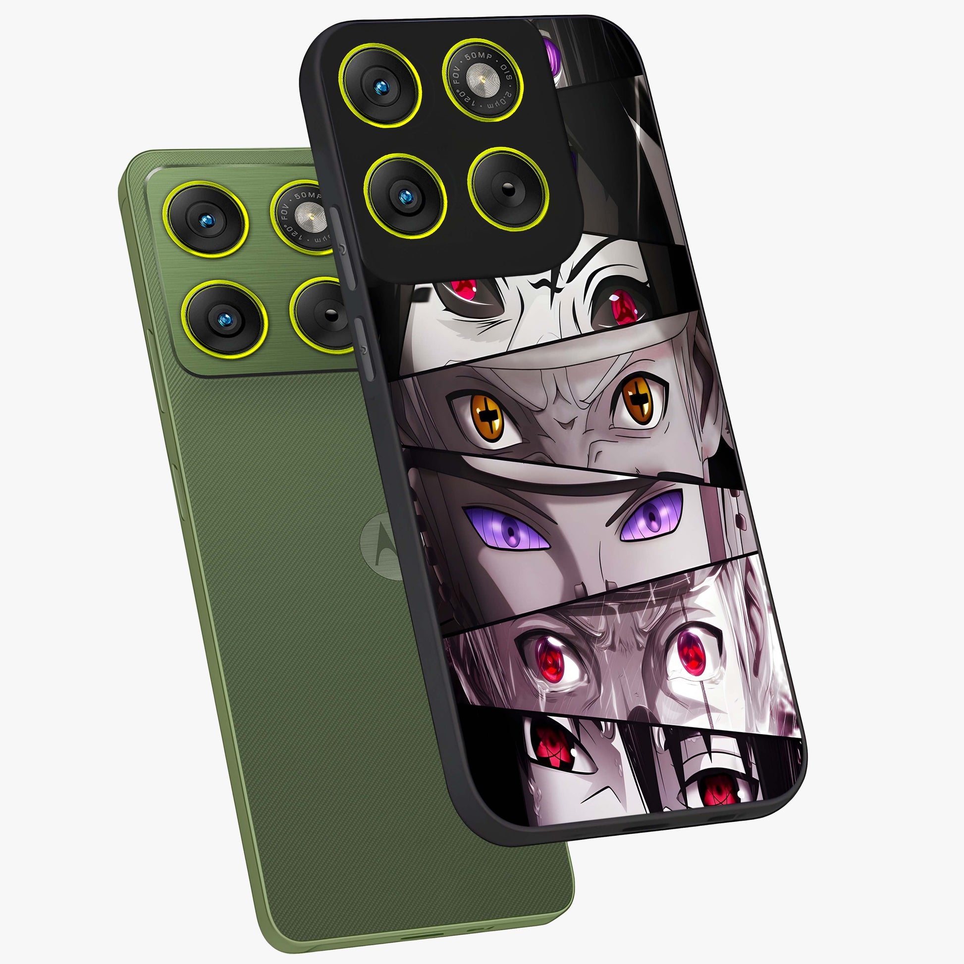 Eyes of Destiny Glass Case displayed in angled mockup highlighting bold eye illustration with mystical aesthetic style.