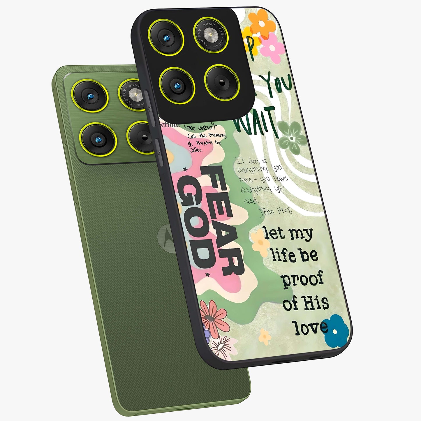 Faith Over Fear Glass Case displayed in angled mockup highlighting inspirational message design with modern aesthetic style.