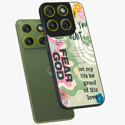 Faith Over Fear Glass Case displayed in angled mockup highlighting inspirational message design with modern aesthetic style.