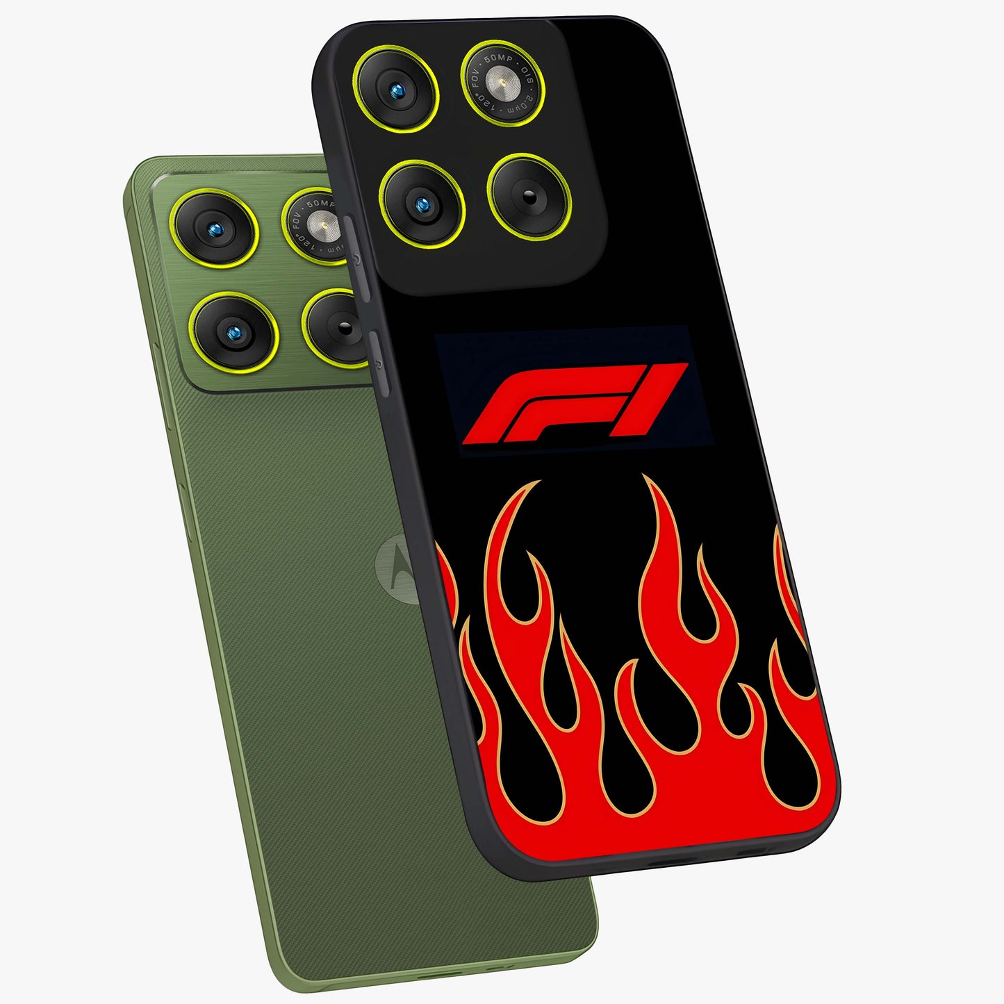 Fire F11 Glass Case displayed in angled mockup highlighting bold fire inspired graphic with energetic aesthetic style.