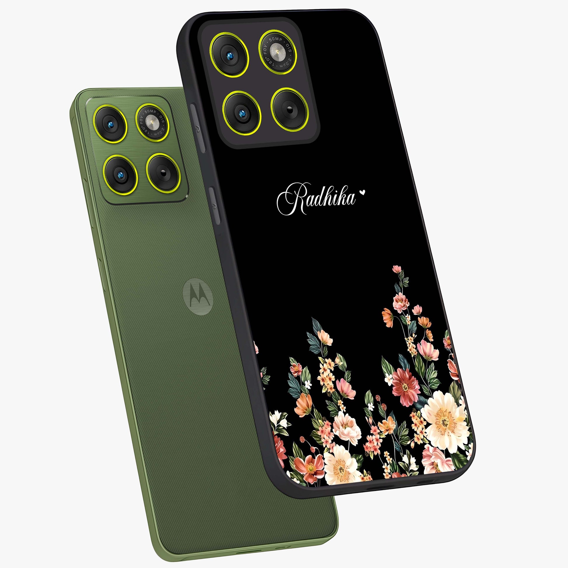 Floral Design With a Custom Personalized Name Glass Case displayed in angled mockup highlighting elegant floral pattern with custom name feature.