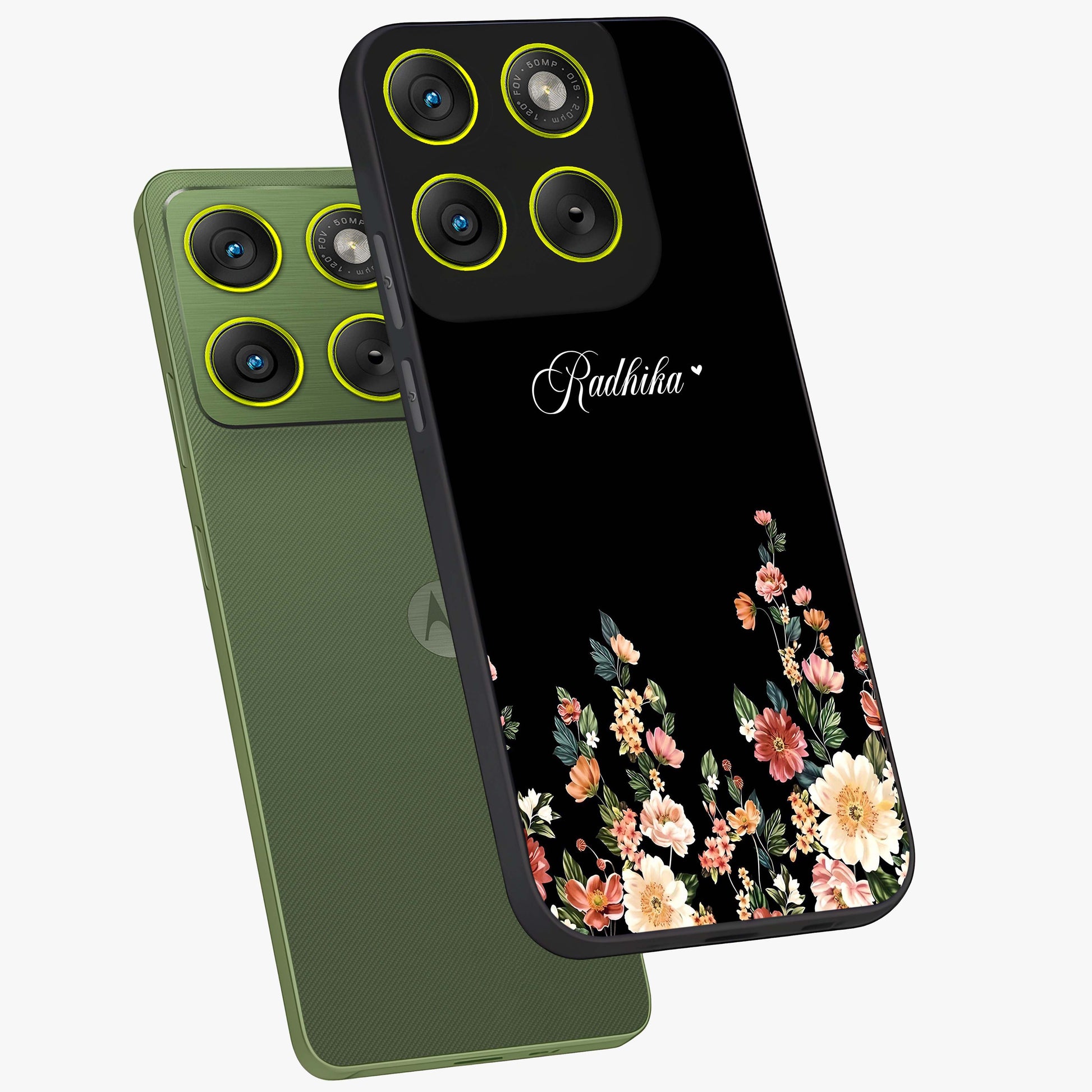 Floral Design With a Custom Personalized Name Glass Case displayed in angled mockup highlighting elegant floral pattern with custom name feature.