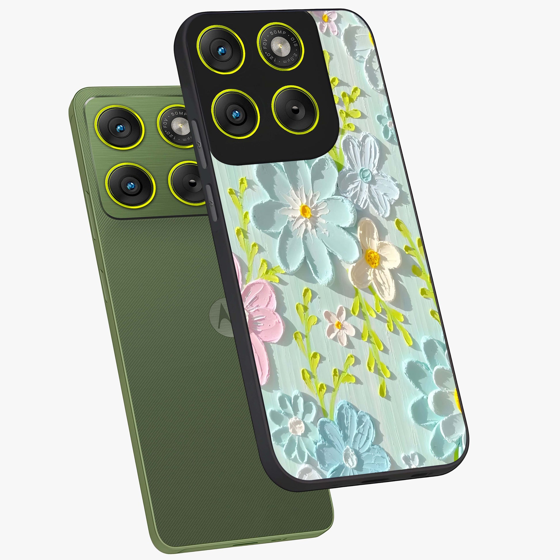 Frosted Petal Garden Glass Case displayed in angled mockup highlighting delicate flower petal design with calm garden aesthetic.