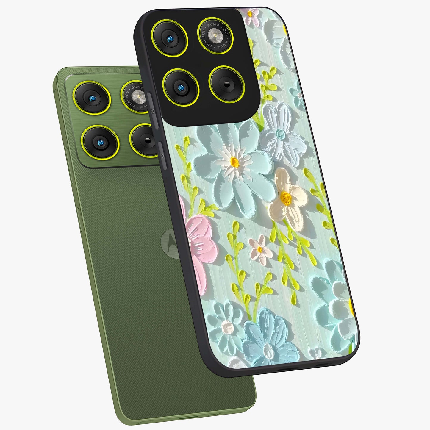 Frosted Petal Garden Glass Case displayed in angled mockup highlighting delicate flower petal design with calm garden aesthetic.