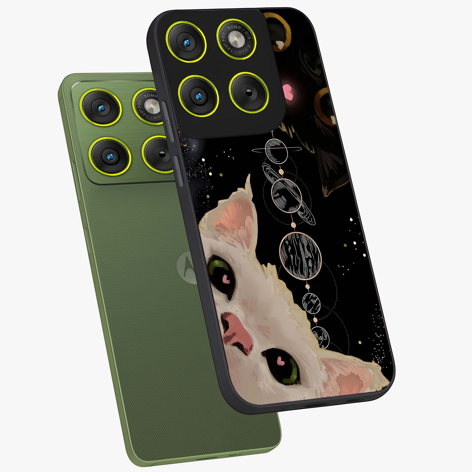 Galactic Cat Glass Case displayed in angled mockup highlighting celestial feline illustration with galaxy aesthetic style.