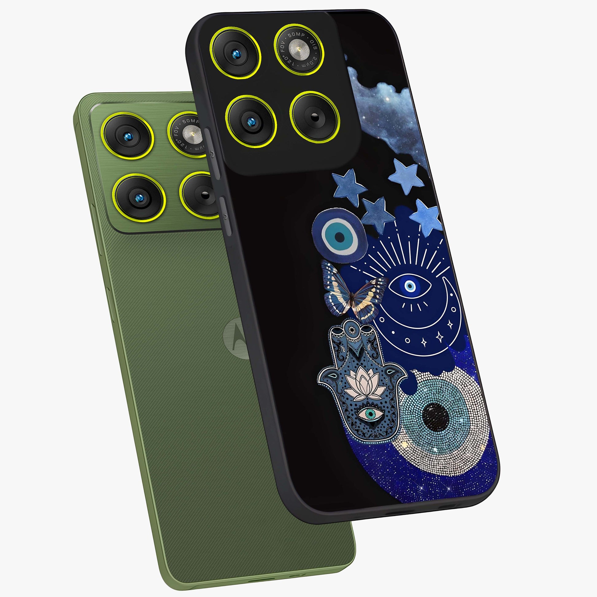 Galactic Charm Cluster Glass Case displayed in angled mockup highlighting luminous galaxy inspired design with dreamy aesthetic.