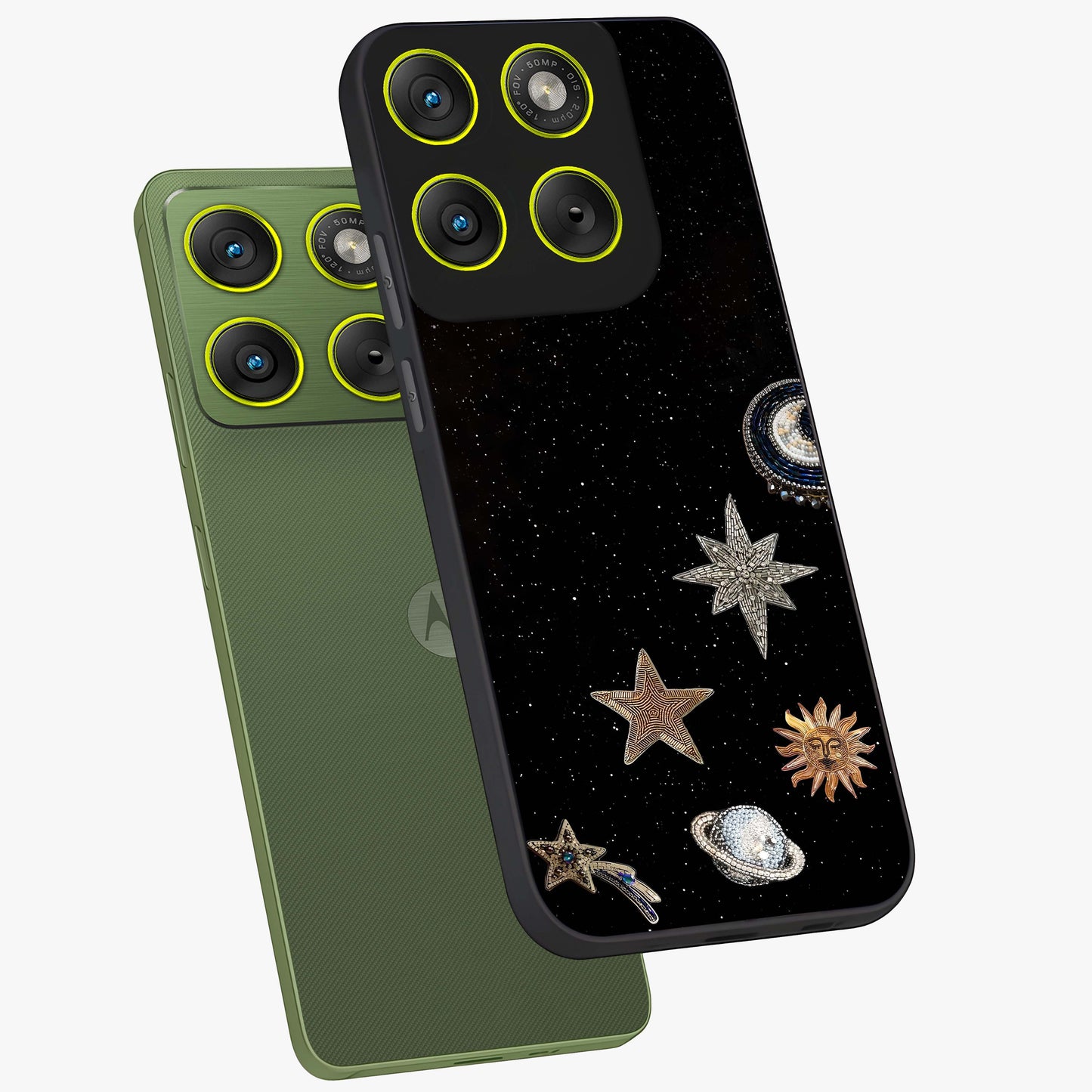 Galactic Charm Glow Glass Case displayed in angled mockup highlighting luminous galaxy inspired design with dreamy aesthetic.