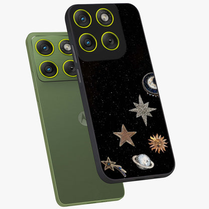 Galactic Charm Glow Glass Case displayed in angled mockup highlighting luminous galaxy inspired design with dreamy aesthetic.