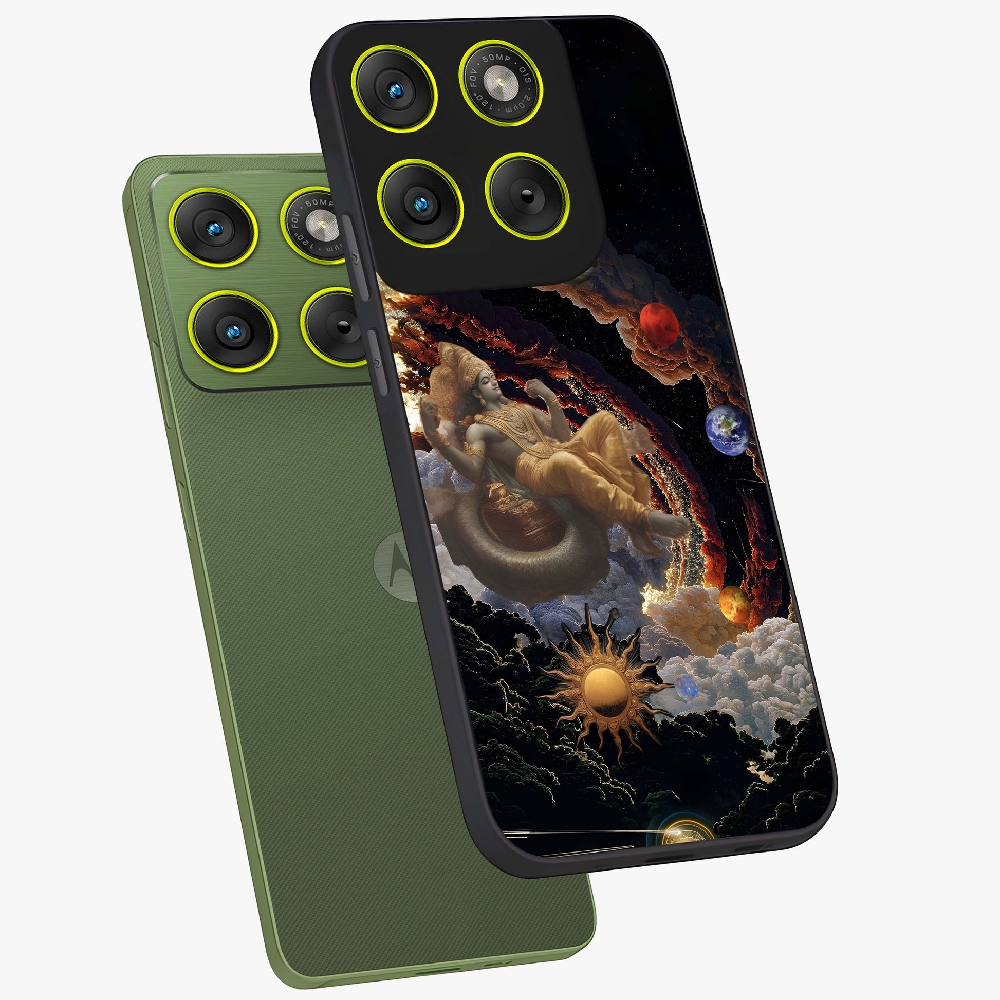 Galactic Divine God Glass Case displayed in angled mockup highlighting powerful celestial deity illustration with galactic aesthetic.