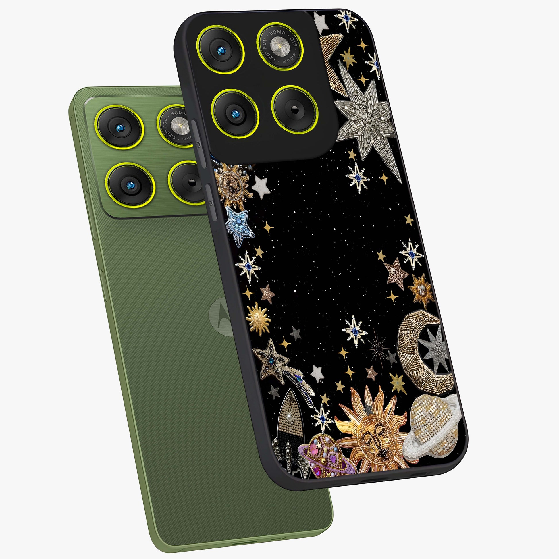Galactic Jewel Stars Glass Case displayed in angled mockup highlighting shining celestial star design with cosmic aesthetic style.