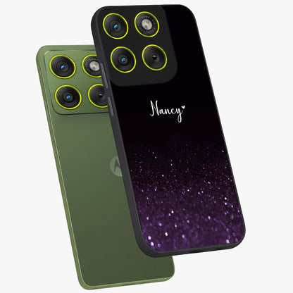Glittery Purple Bokeh Custom Name Glass Case displayed in angled mockup highlighting glitter bokeh pattern with custom name feature.