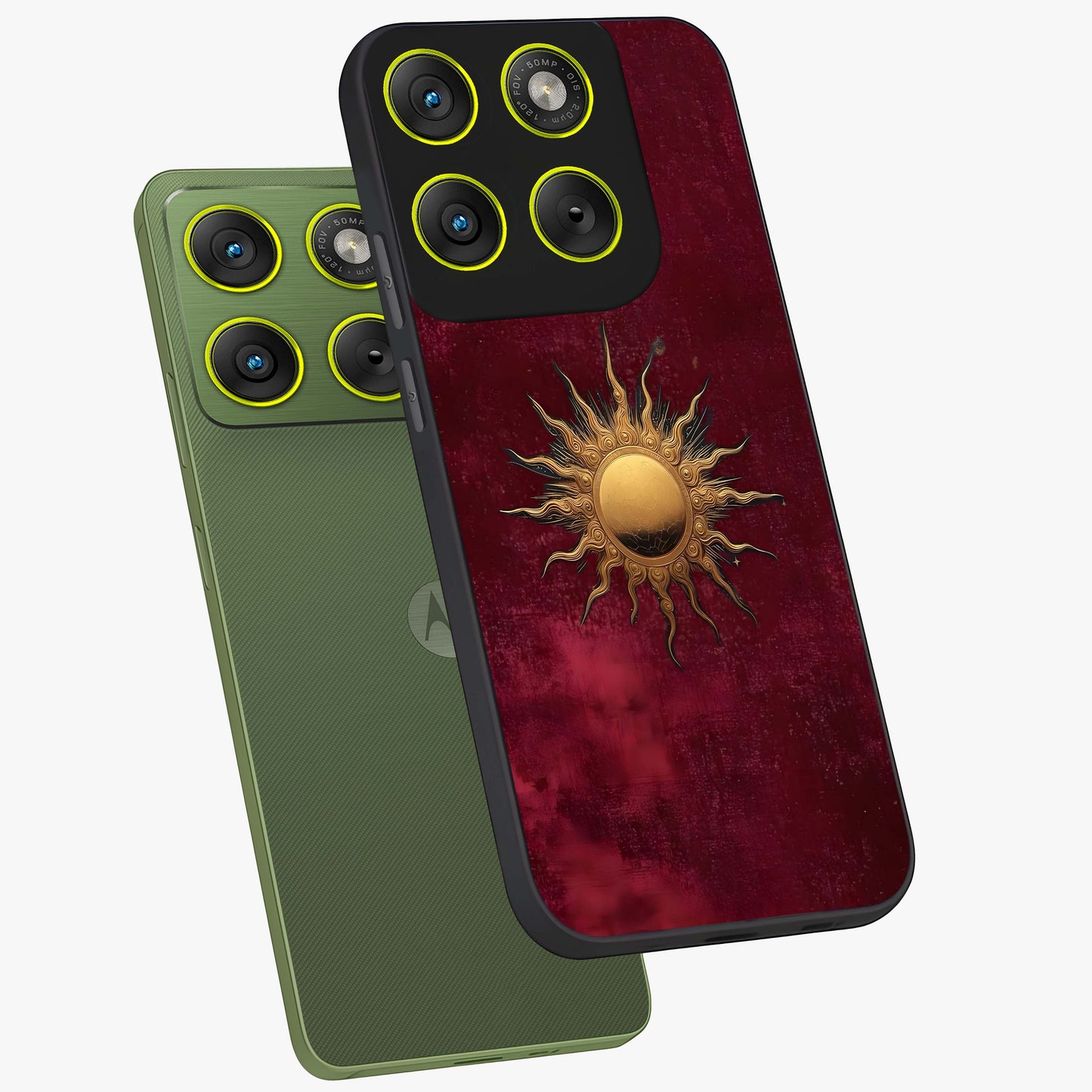 Golden Sun Minimalism Glass Case displayed in angled mockup highlighting clean sun symbol design with modern minimal aesthetic.