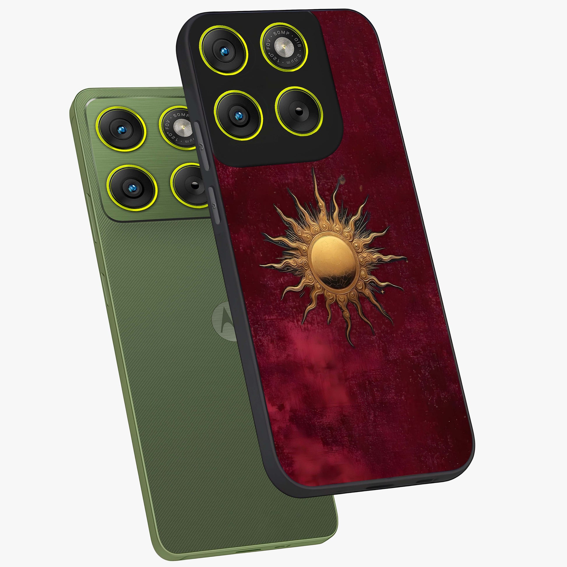 Golden Sun Minimalism Glass Case displayed in angled mockup highlighting clean sun symbol design with modern minimal aesthetic.