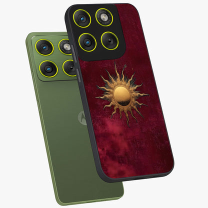 Golden Sun Minimalism Glass Case displayed in angled mockup highlighting clean sun symbol design with modern minimal aesthetic.