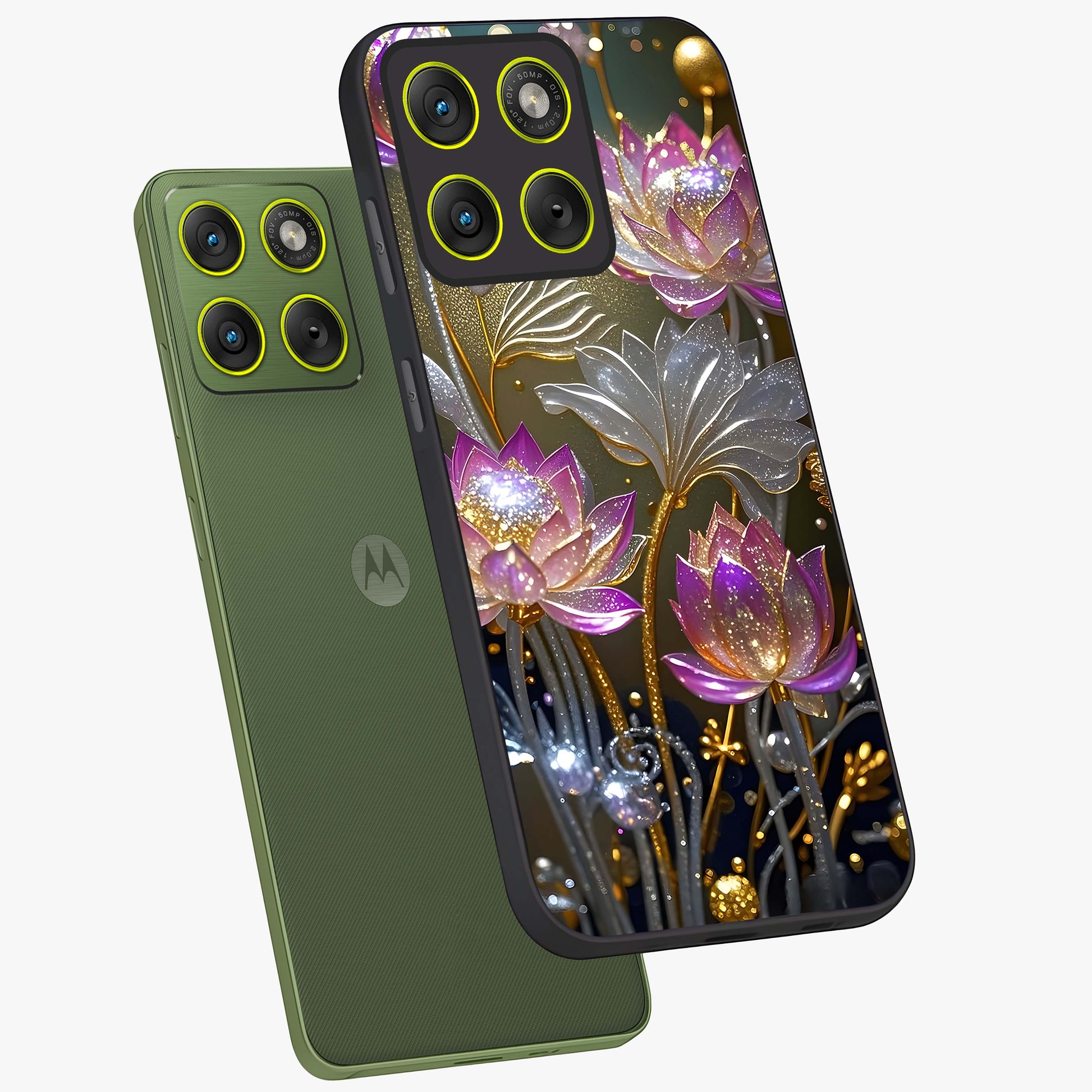 Golden Floral Majesty Glass Case displayed in angled mockup highlighting elegant flower design with royal golden aesthetic.