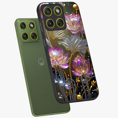 Golden Floral Majesty Glass Case displayed in angled mockup highlighting elegant flower design with royal golden aesthetic.