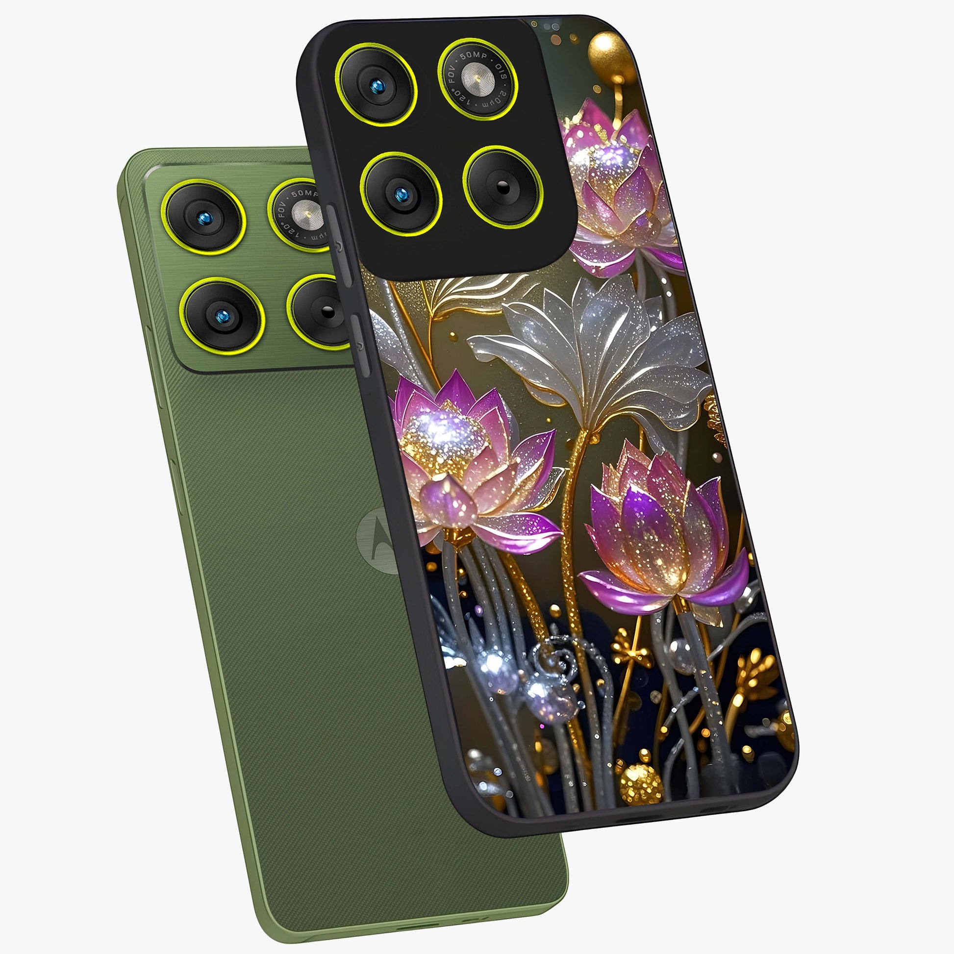 Golden Floral Majesty Glass Case displayed in angled mockup highlighting elegant flower design with royal golden aesthetic.