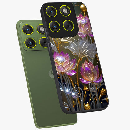 Golden Floral Majesty Glass Case displayed in angled mockup highlighting elegant flower design with royal golden aesthetic.