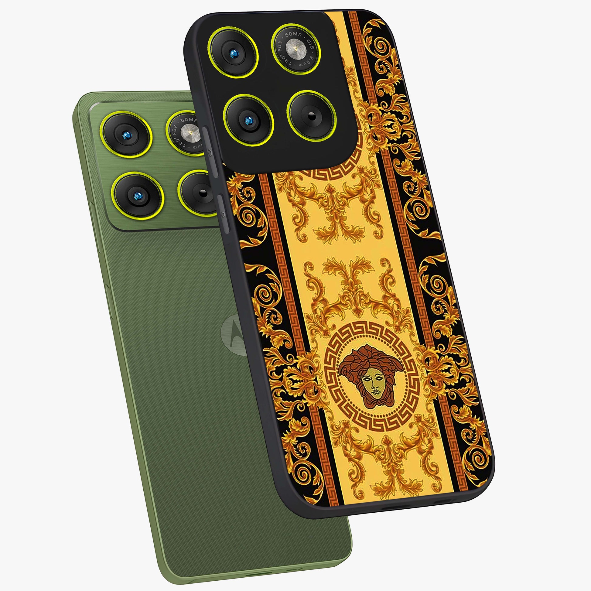 Golden Lotus Glow Glass Case displayed in angled mockup highlighting radiant lotus illustration with spiritual aesthetic.