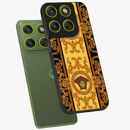 Golden Lotus Glow Glass Case displayed in angled mockup highlighting radiant lotus illustration with spiritual aesthetic.
