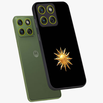 Golden Sun Minimalism Glass Case displayed in angled mockup highlighting eerie shadow illustration with gothic aesthetic.