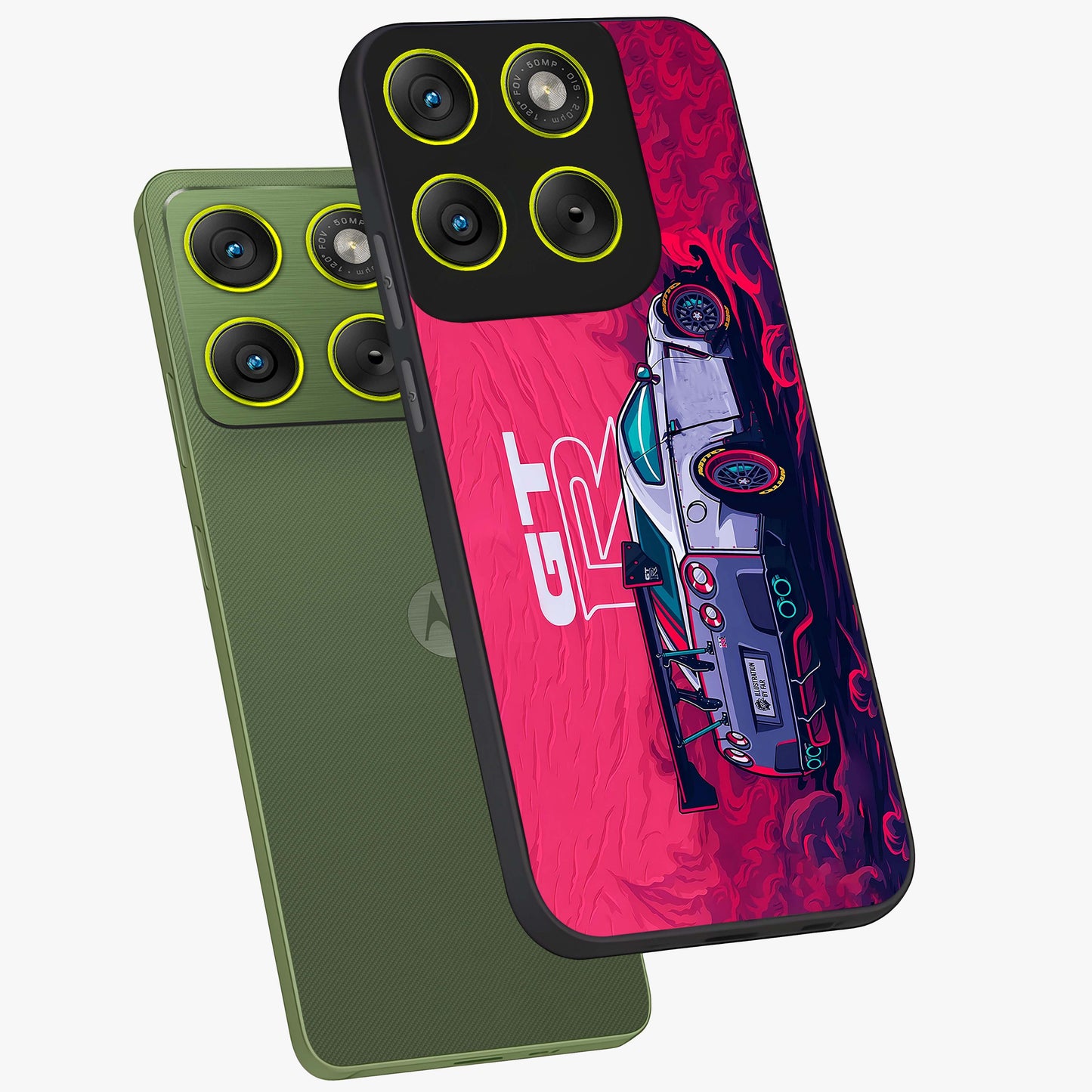 GT-R Car Pattern Glass Case displayed in angled mockup highlighting racing car graphic design with bold automotive aesthetic.
