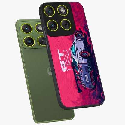 GT-R Car Pattern Glass Case displayed in angled mockup highlighting racing car graphic design with bold automotive aesthetic.