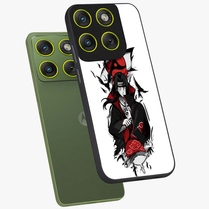 Itachi Limited Edition Naruto Anime Glass Case displayed in angled mockup highlighting dramatic anime illustration with bold action aesthetic.