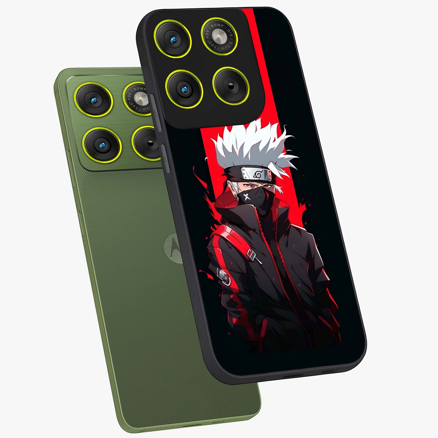 Kakashi Scarlet Shadow Glass Case displayed in angled mockup highlighting dramatic ninja illustration with scarlet themed aesthetic.