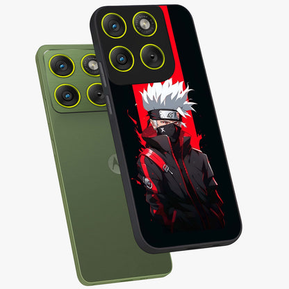 Kakashi Scarlet Shadow Glass Case displayed in angled mockup highlighting dramatic ninja illustration with scarlet themed aesthetic.