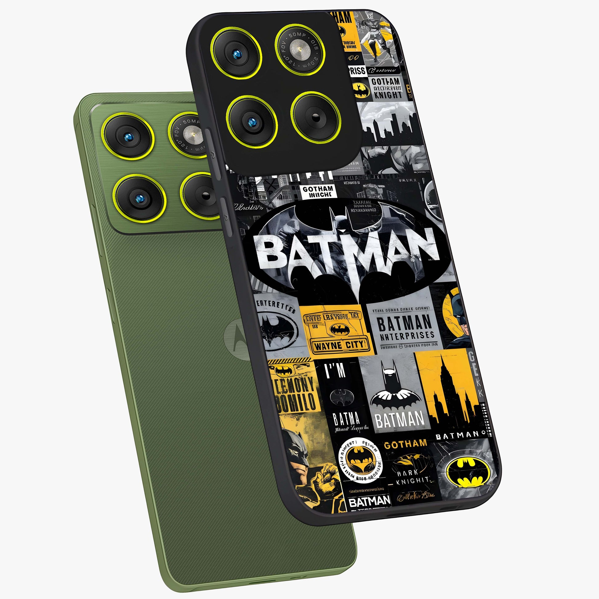 Knight Gotham Rise Glass Case displayed in angled mockup highlighting powerful knight silhouette design with dramatic aesthetic.
