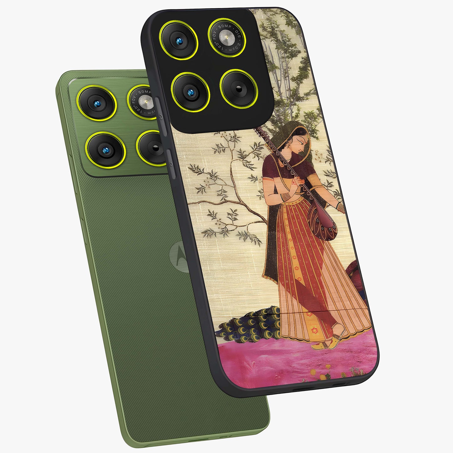 Lady With Veena Art Glass Case displayed in angled mockup highlighting graceful musical illustration with cultural artistic aesthetic.