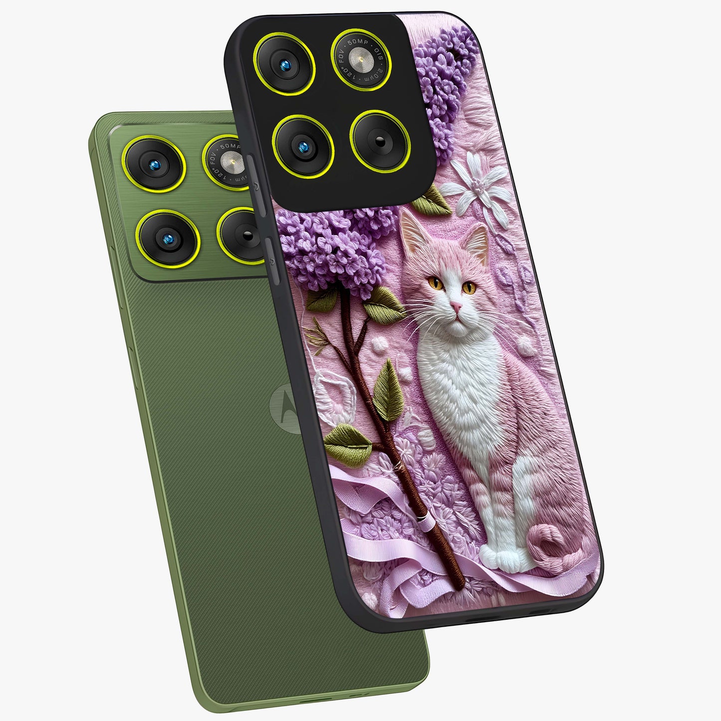 Lavender Cat Whimsy Glass Case displayed in angled mockup highlighting playful feline illustration with pastel lavender aesthetic.