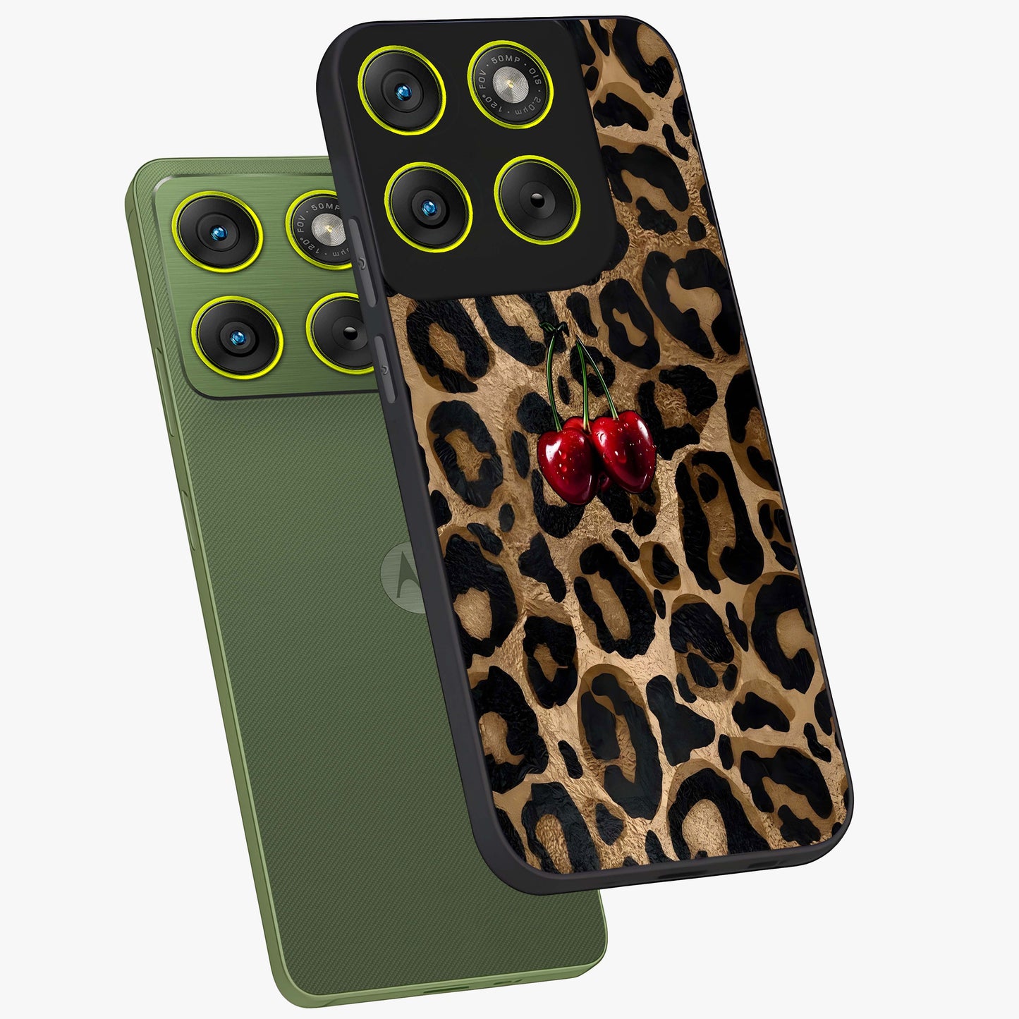 Leopard Wild Cherry Glass Case displayed in angled mockup highlighting bold animal print design with playful cherry aesthetic.